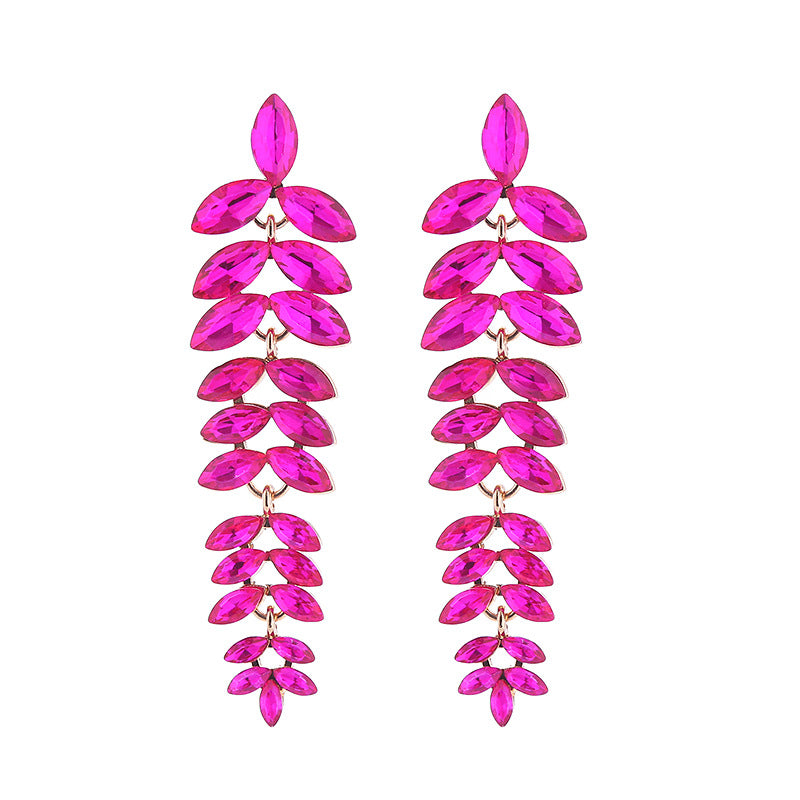 Exaggerated Leaves Tassel Earrings For Women In Colour Alloy With Rhinestone Inlay