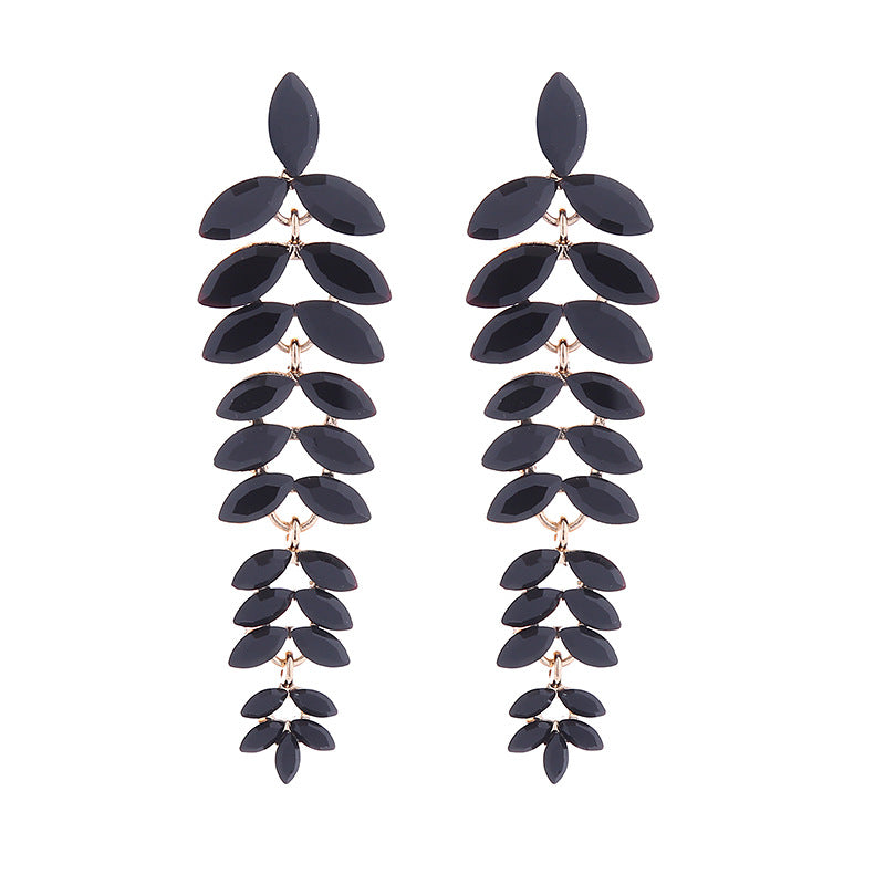 Exaggerated Leaves Tassel Earrings For Women In Colour Alloy With Rhinestone Inlay