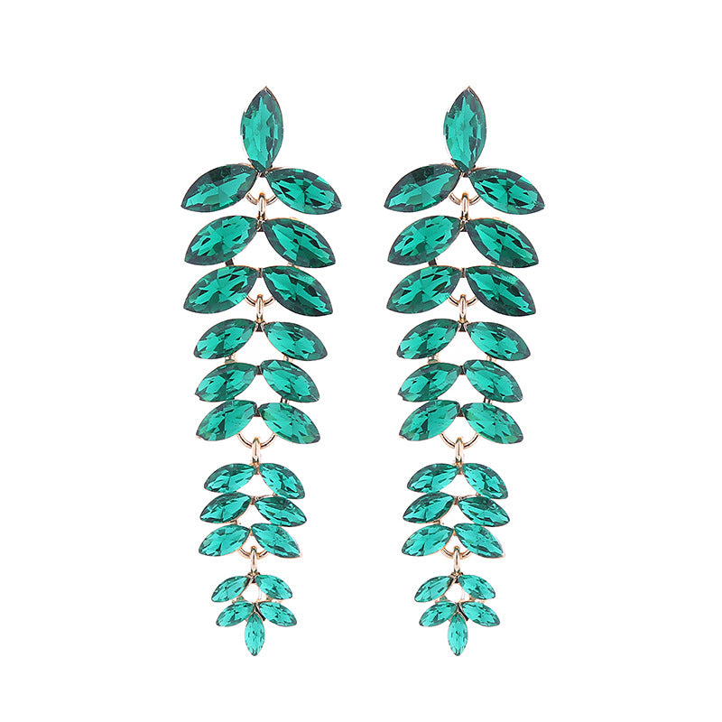 Exaggerated Leaves Tassel Earrings For Women In Colour Alloy With Rhinestone Inlay