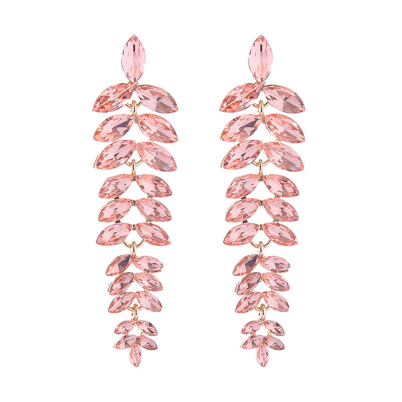 Exaggerated Leaves Tassel Earrings For Women In Colour Alloy With Rhinestone Inlay