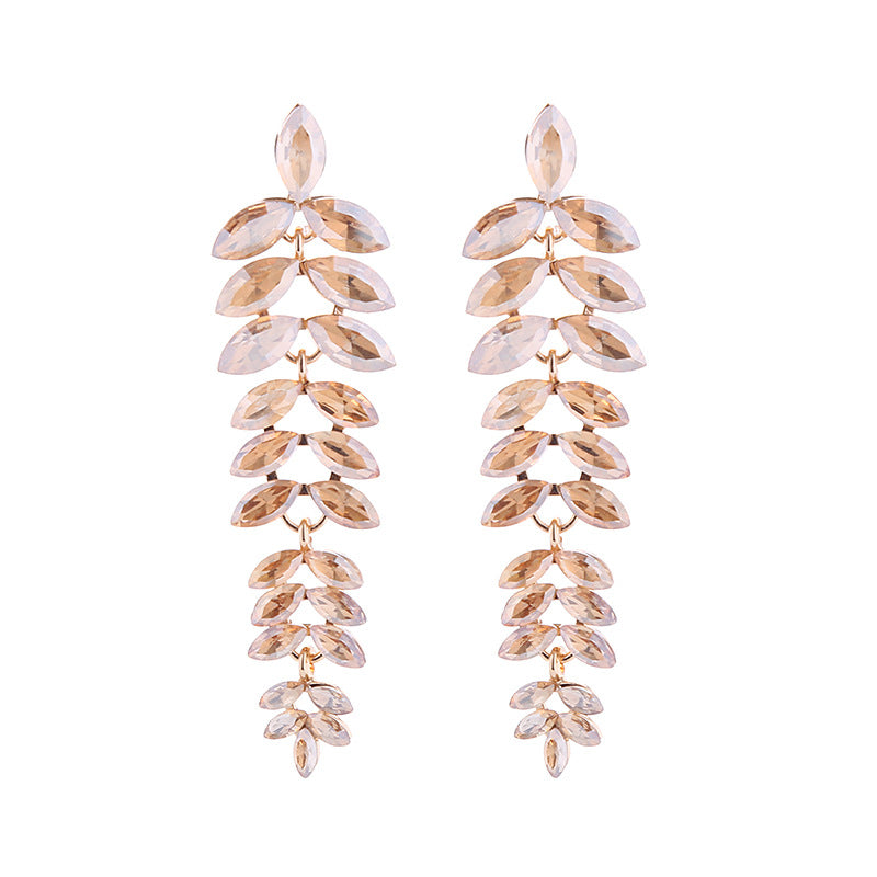 Exaggerated Leaves Tassel Earrings For Women In Colour Alloy With Rhinestone Inlay