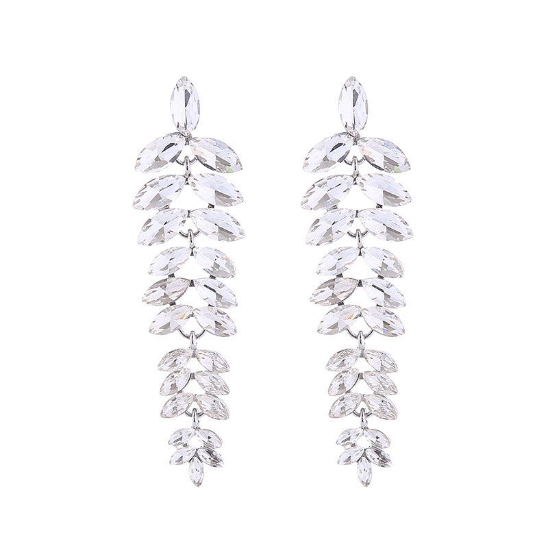 Exaggerated Leaves Tassel Earrings For Women In Colour Alloy With Rhinestone Inlay