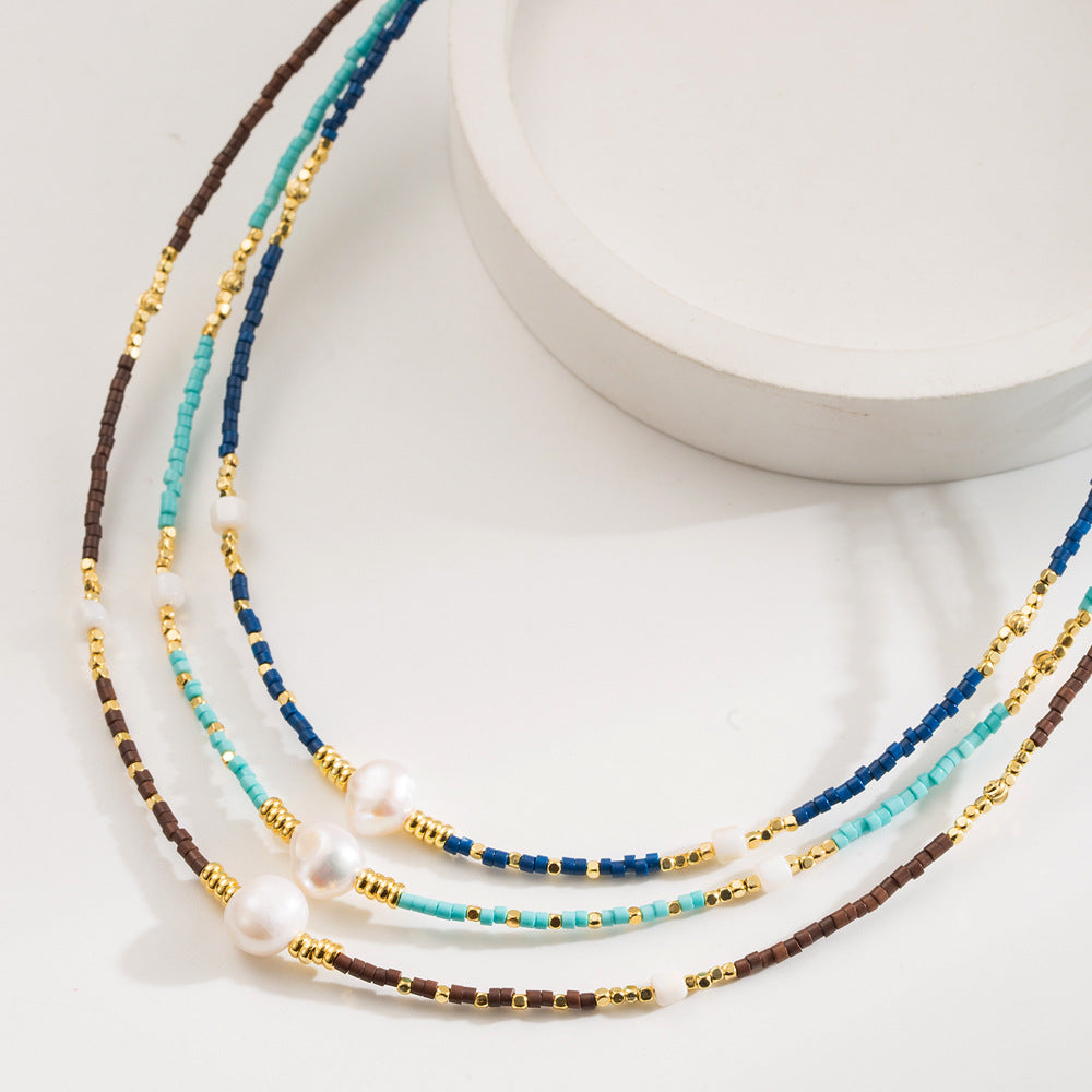Bohemian Geometric Dark Blue Beaded Necklace For Women With Zircon Inlay And Plastic Ball Chain