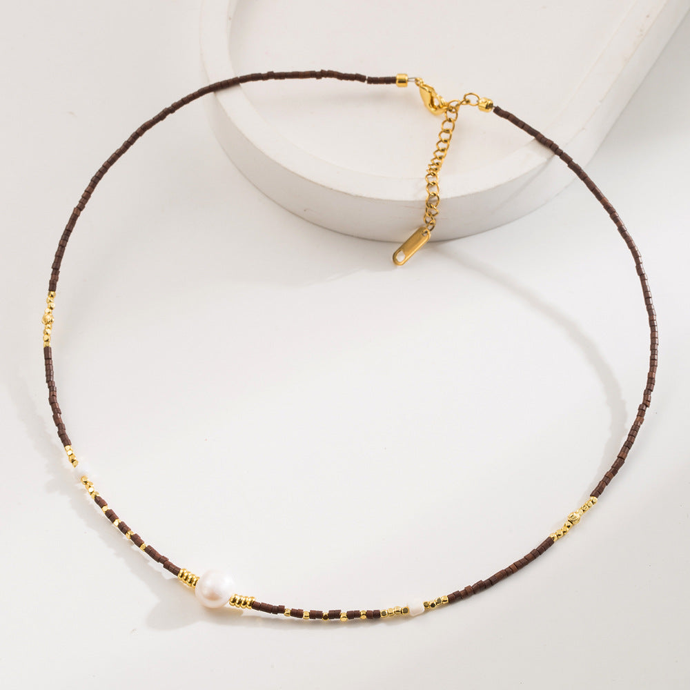 Bohemian Geometric Dark Blue Beaded Necklace For Women With Zircon Inlay And Plastic Ball Chain