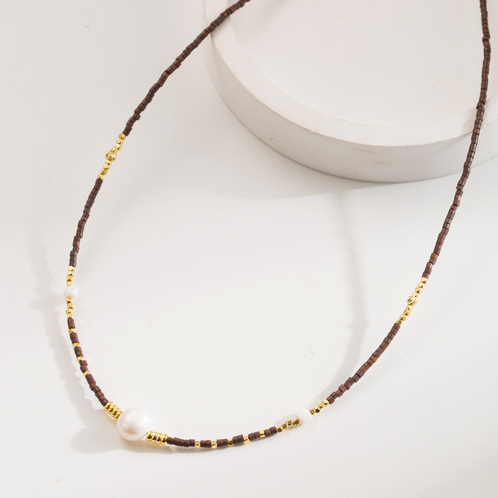 Bohemian Geometric Dark Blue Beaded Necklace For Women With Zircon Inlay And Plastic Ball Chain