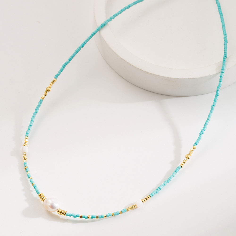 Bohemian Geometric Dark Blue Beaded Necklace For Women With Zircon Inlay And Plastic Ball Chain