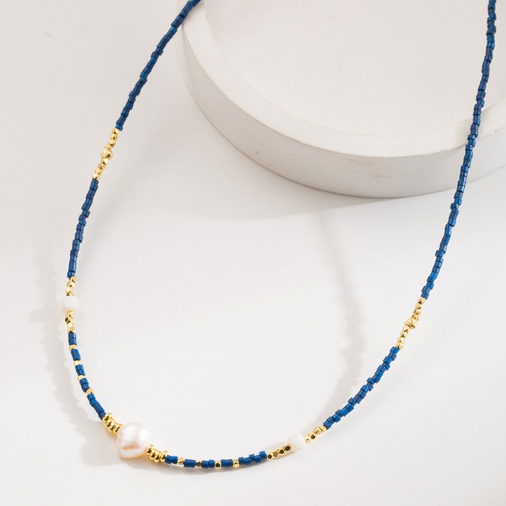 Bohemian Geometric Dark Blue Beaded Necklace For Women With Zircon Inlay And Plastic Ball Chain