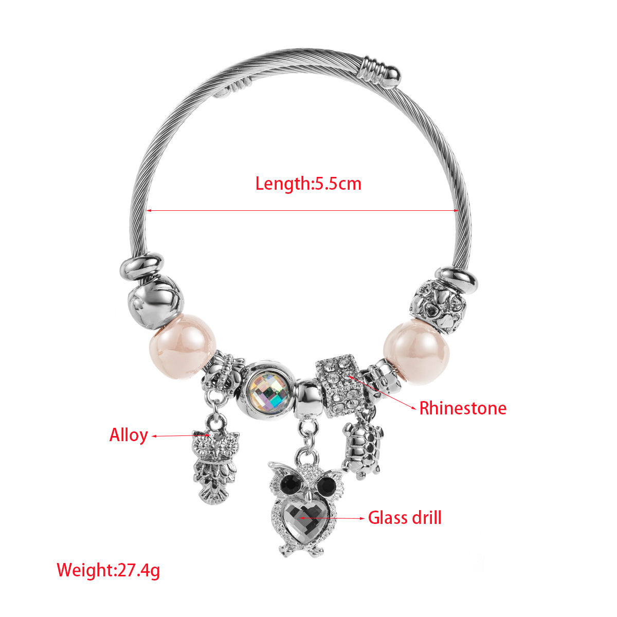 Butterfly Beading Bangle Bracelet For Women In Stainless Steel With Alloy Pendant, Silver Color
