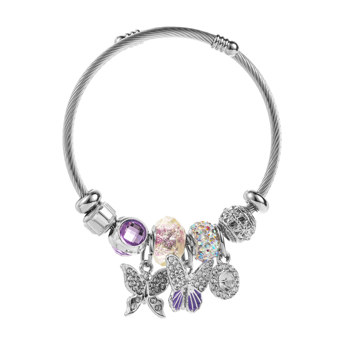 Butterfly Beading Bangle Bracelet For Women In Stainless Steel With Alloy Pendant, Silver Color