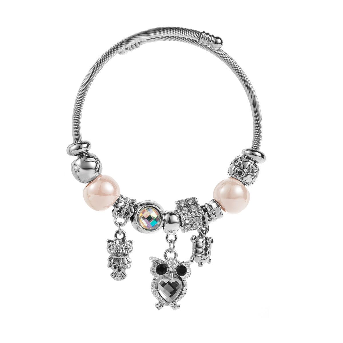 Butterfly Beading Bangle Bracelet For Women In Stainless Steel With Alloy Pendant, Silver Color