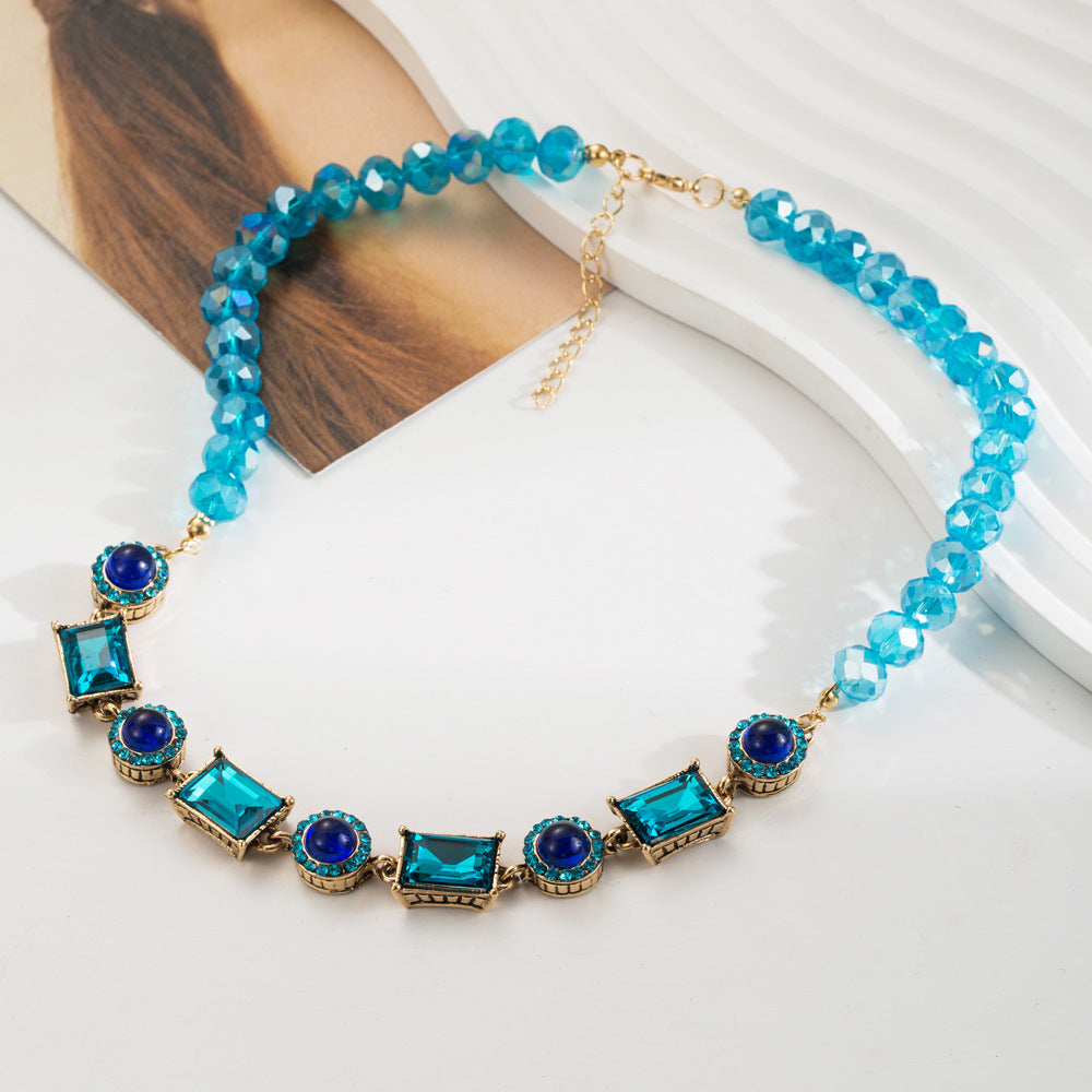 Exaggerated Geometric Blue Alloy Necklace For Women With Crystal Inlay And Twisted Rope Chain