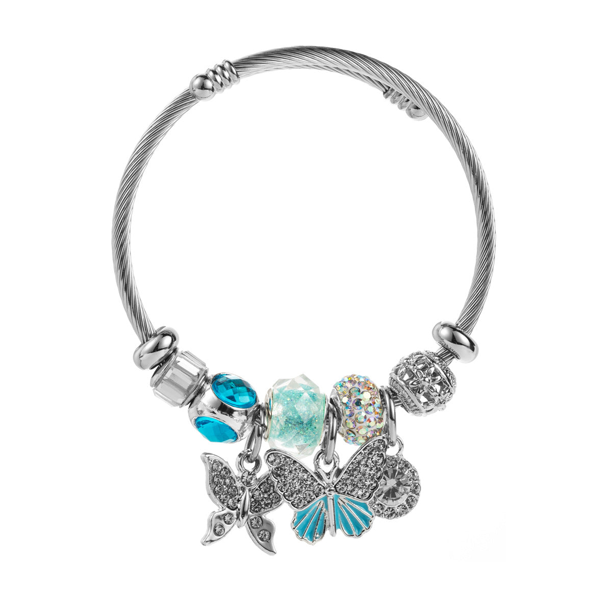 Butterfly Beading Bangle Bracelet For Women In Stainless Steel With Alloy Pendant, Silver Color