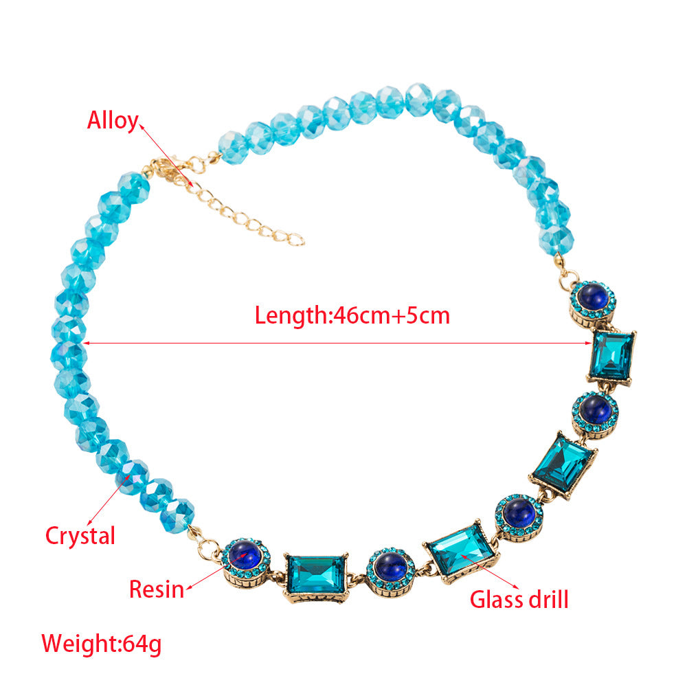 Exaggerated Geometric Blue Alloy Necklace For Women With Crystal Inlay And Twisted Rope Chain