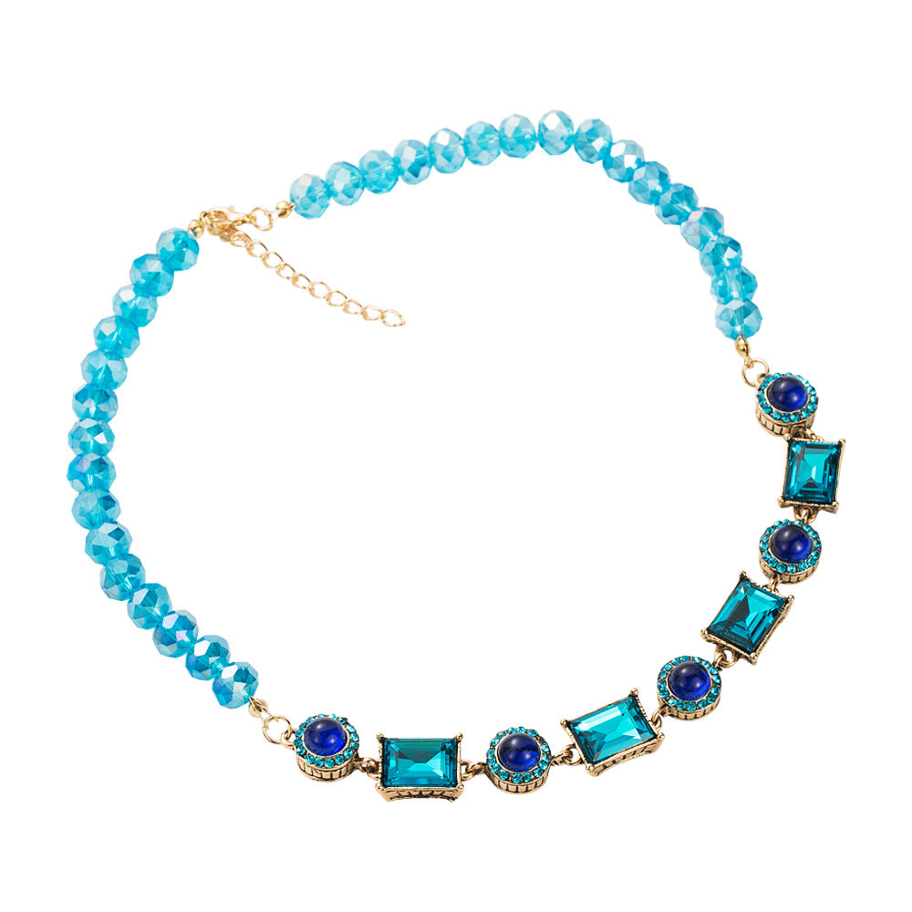Exaggerated Geometric Blue Alloy Necklace For Women With Crystal Inlay And Twisted Rope Chain