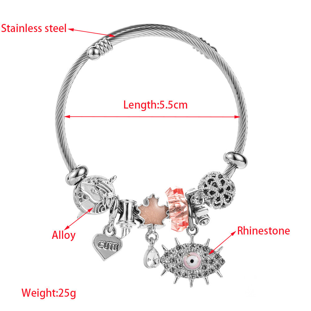 Devil's Eye Beaded Bangle For Women In Stainless Steel With Electroplated Gold Plating And Alloy Pendant