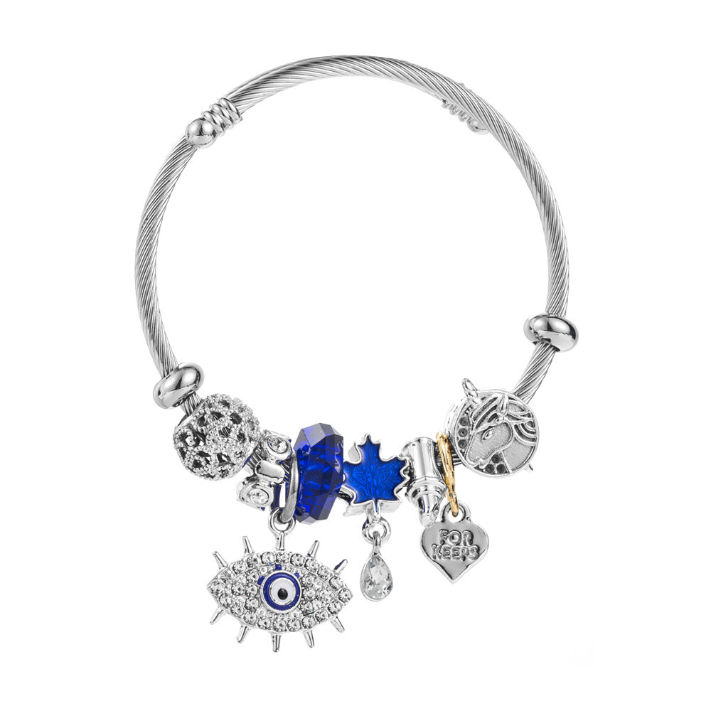 Devil's Eye Beaded Bangle For Women In Stainless Steel With Electroplated Gold Plating And Alloy Pendant