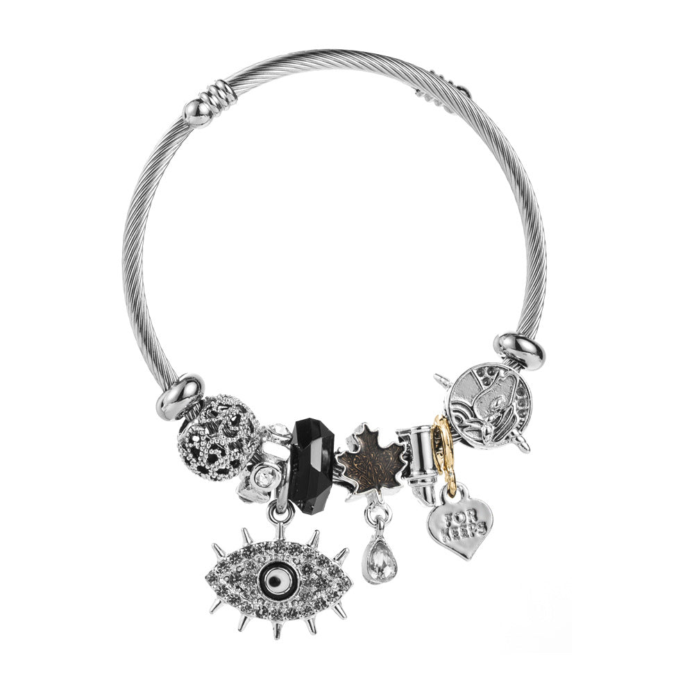 Devil's Eye Beaded Bangle For Women In Stainless Steel With Electroplated Gold Plating And Alloy Pendant