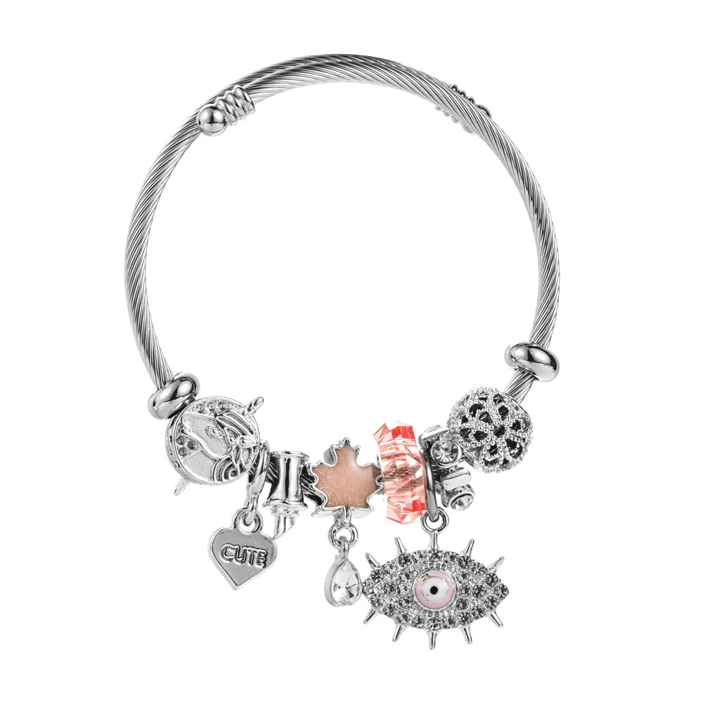 Devil's Eye Beaded Bangle For Women In Stainless Steel With Electroplated Gold Plating And Alloy Pendant