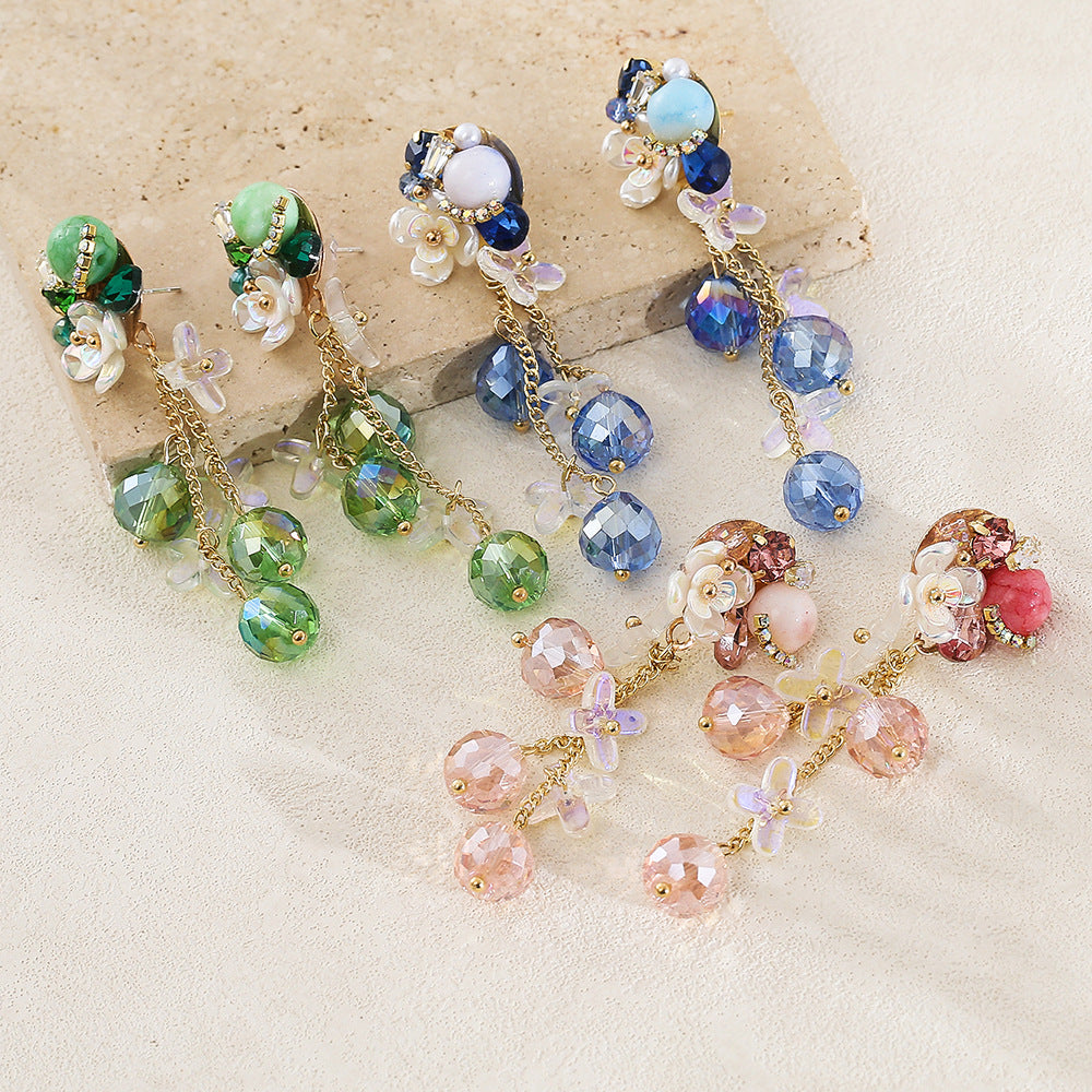 New Style Flowers Tassel Earrings For Women In Green With Artificial Crystal Inlay