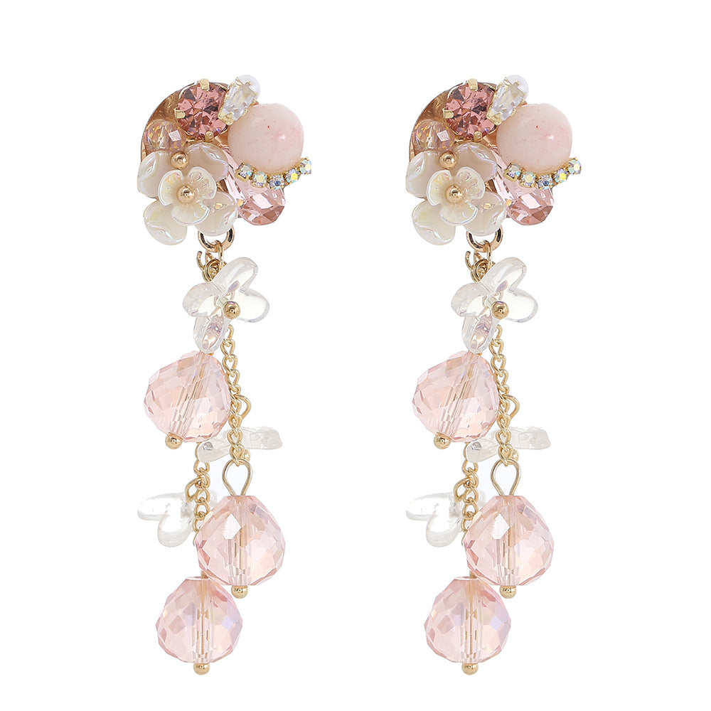 New Style Flowers Tassel Earrings For Women In Green With Artificial Crystal Inlay
