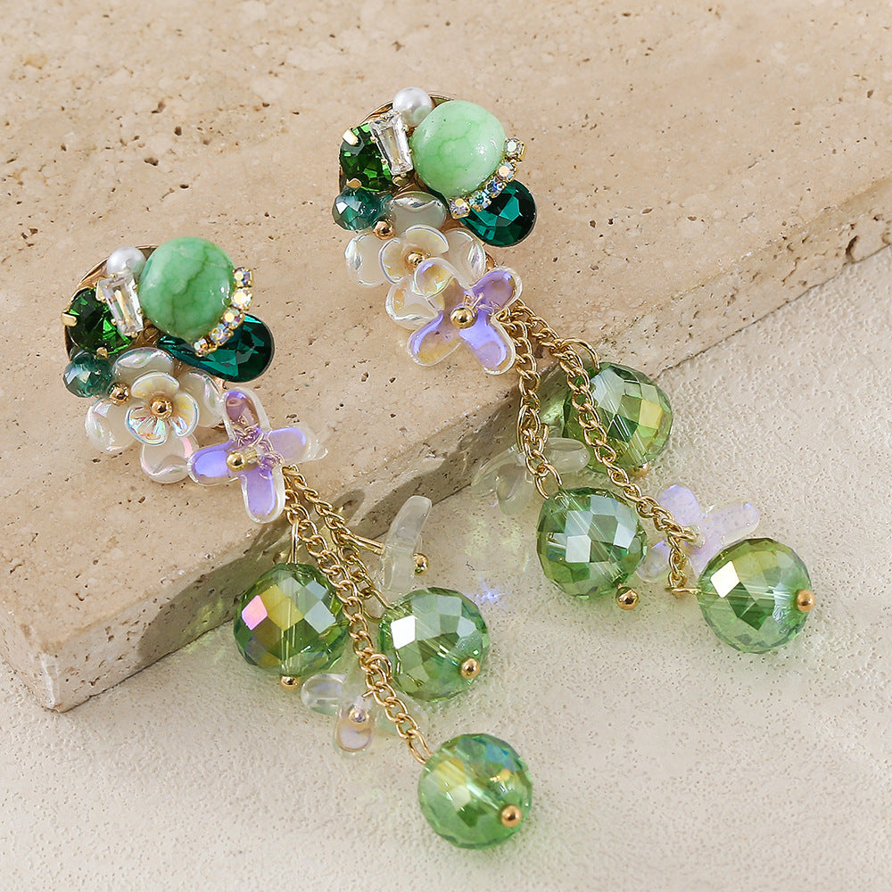 New Style Flowers Tassel Earrings For Women In Green With Artificial Crystal Inlay