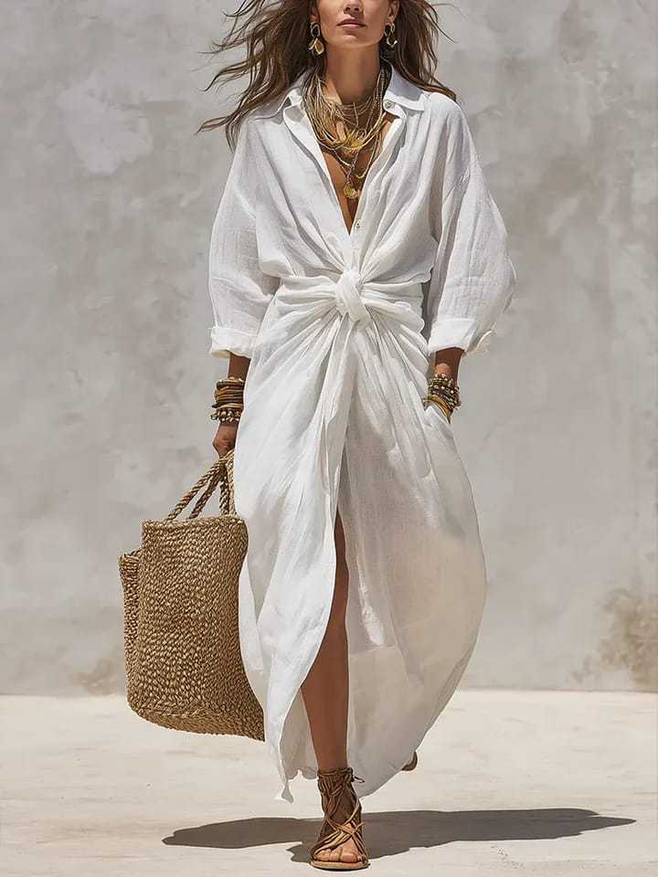 Solid Color Casual Shirt Dress With Long Sleeve And Shirt Collar, Made Of Polyester Fabric
