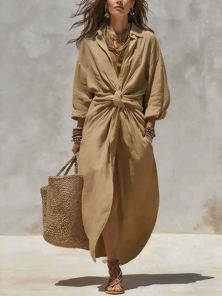 Solid Color Casual Shirt Dress With Long Sleeve And Shirt Collar, Made Of Polyester Fabric