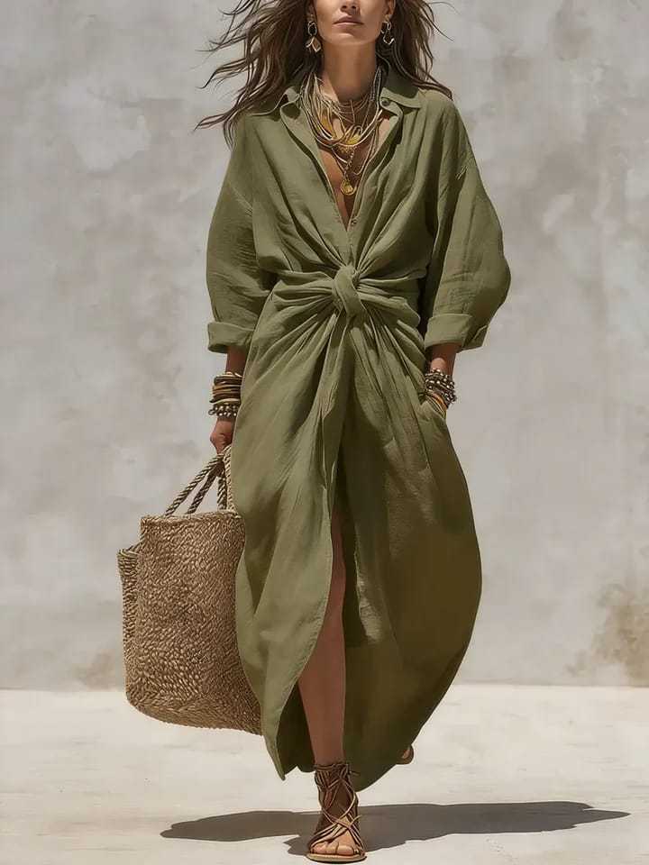 Solid Color Casual Shirt Dress With Long Sleeve And Shirt Collar, Made Of Polyester Fabric