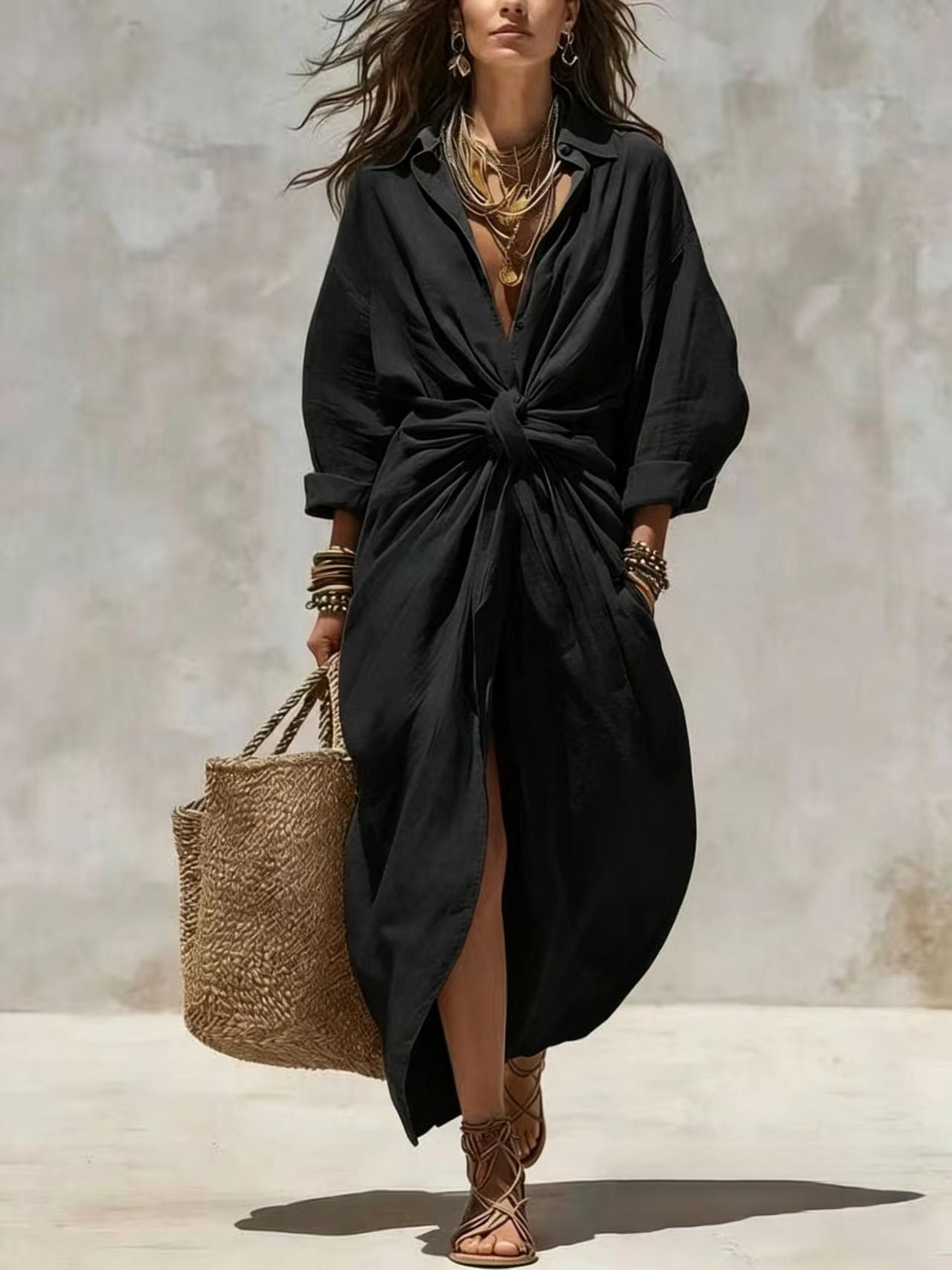Solid Color Casual Shirt Dress With Long Sleeve And Shirt Collar, Made Of Polyester Fabric