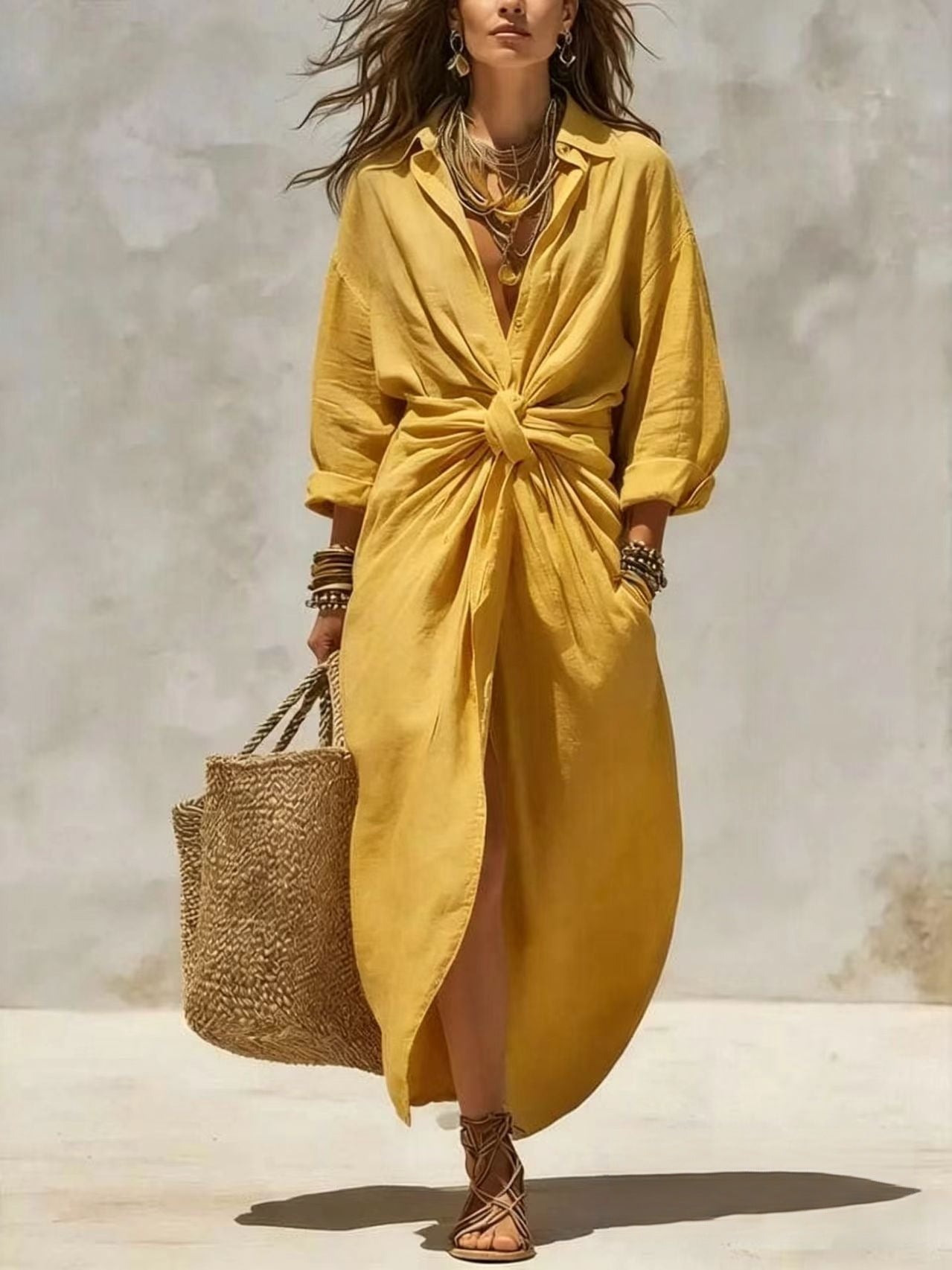Solid Color Casual Shirt Dress With Long Sleeve And Shirt Collar, Made Of Polyester Fabric