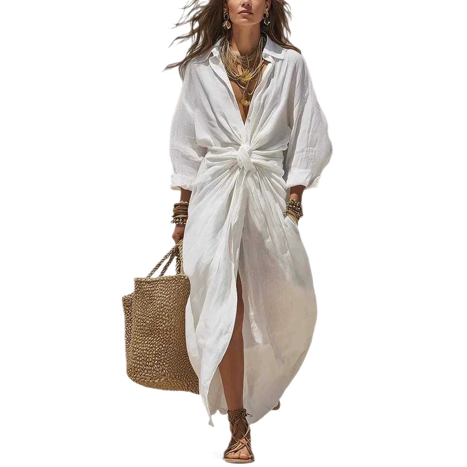 Solid Color Casual Shirt Dress With Long Sleeve And Shirt Collar, Made Of Polyester Fabric