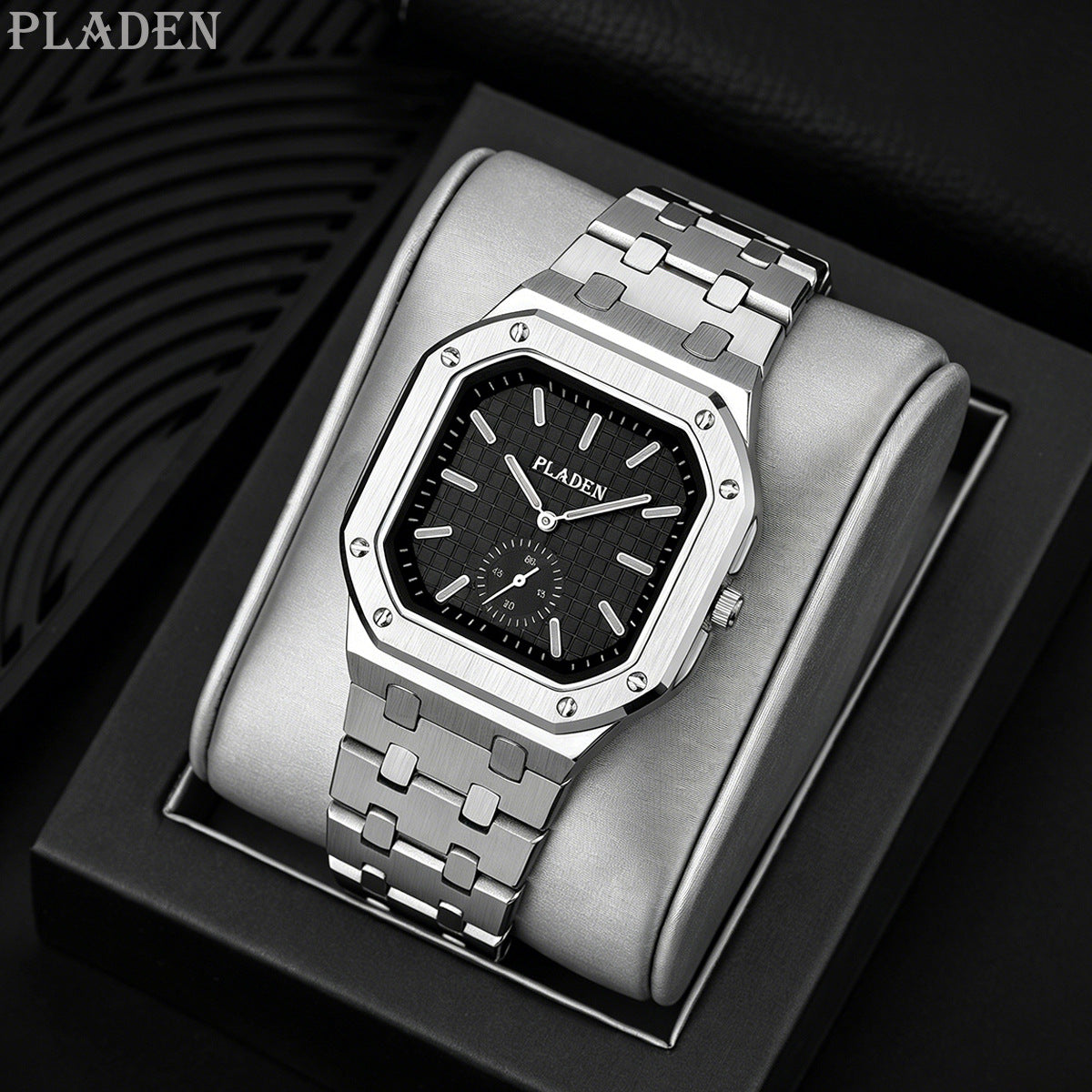 Men's Square Dial Quartz Watch With Stainless Steel Strap And Case, Tempered Glass, Butterfly Double Snap Buckle