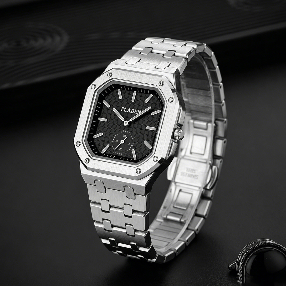 Men's Square Dial Quartz Watch With Stainless Steel Strap And Case, Tempered Glass, Butterfly Double Snap Buckle