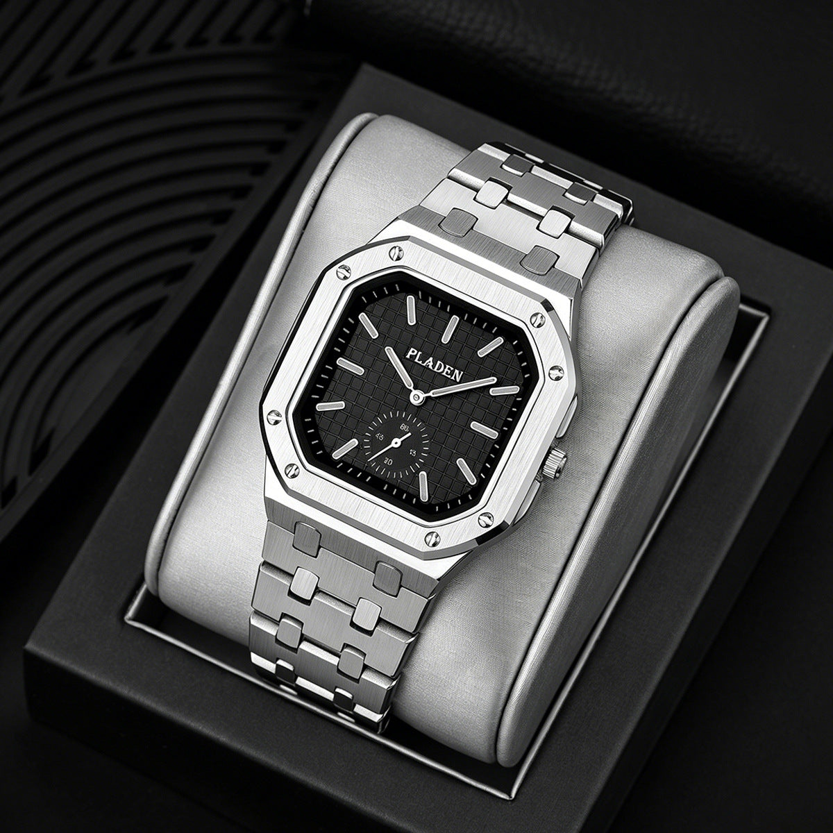 Men's Square Dial Quartz Watch With Stainless Steel Strap And Case, Tempered Glass, Butterfly Double Snap Buckle