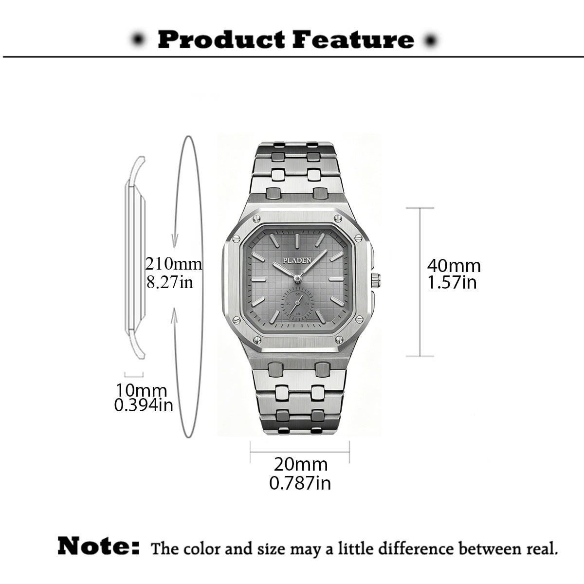 Men's Square Dial Quartz Watch With Stainless Steel Strap And Case, Tempered Glass, Butterfly Double Snap Buckle