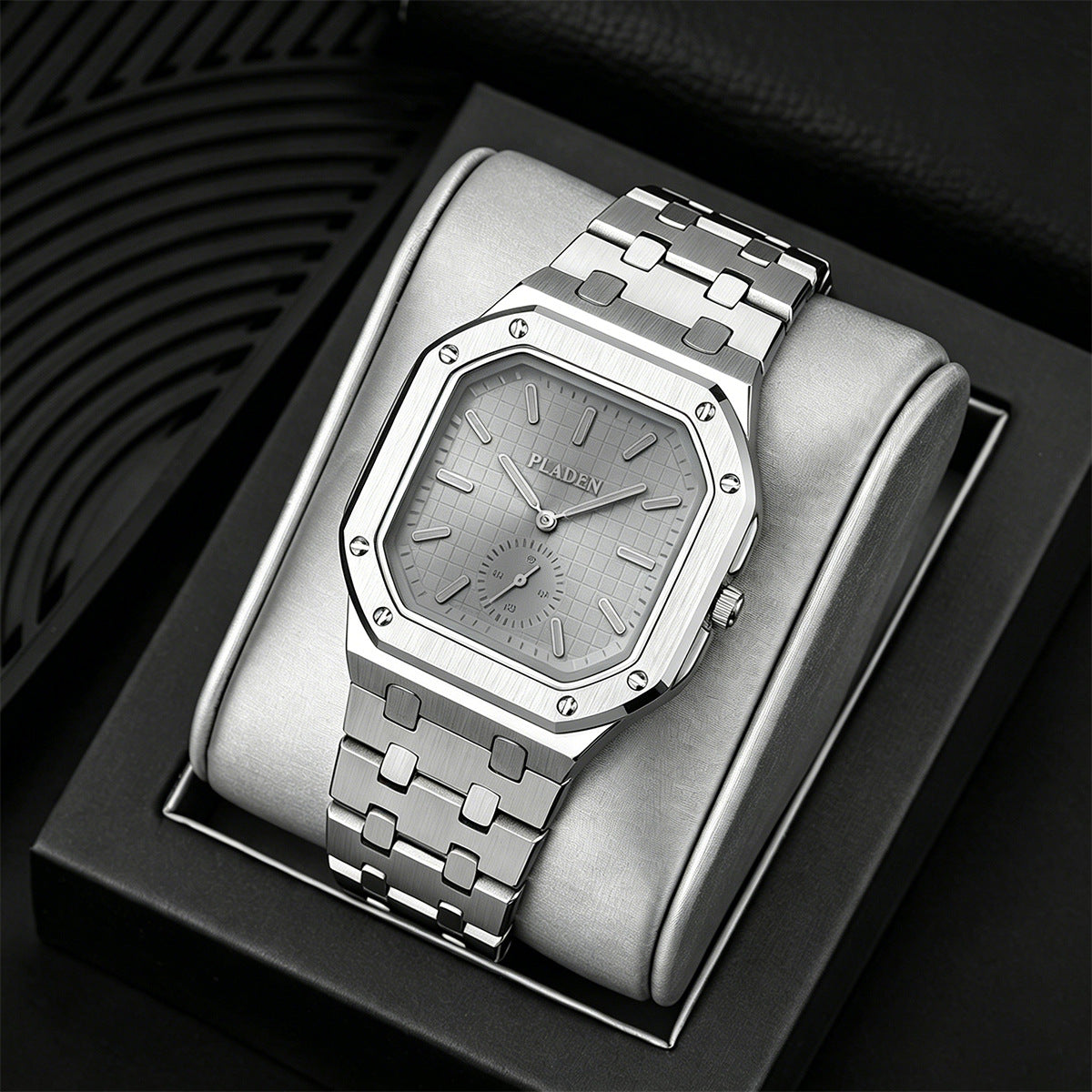 Men's Square Dial Quartz Watch With Stainless Steel Strap And Case, Tempered Glass, Butterfly Double Snap Buckle