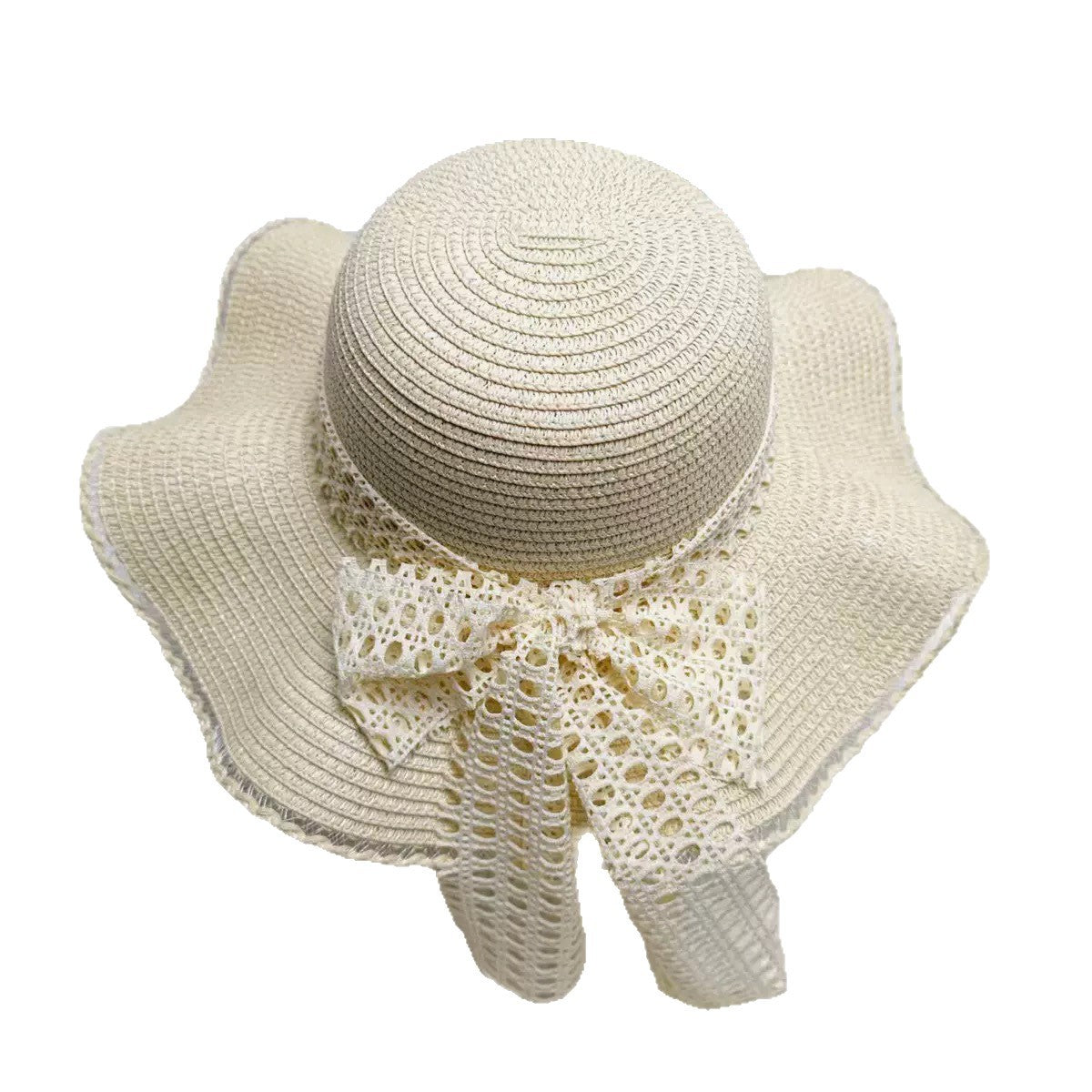 French Style Women’s Wide Brim Straw Hat With Polyester Material And Elegant Bow Tie Detail