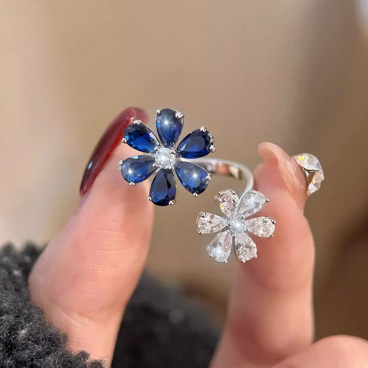 Flowers Open Ring For Women, 1 Piece Zinc Alloy With White K Plated 0.03µm And Rhinestones Inlay