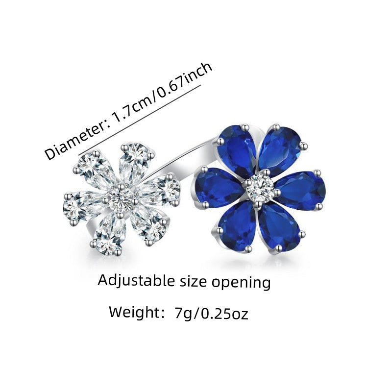 Flowers Open Ring For Women, 1 Piece Zinc Alloy With White K Plated 0.03µm And Rhinestones Inlay