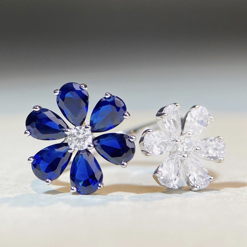 Flowers Open Ring For Women, 1 Piece Zinc Alloy With White K Plated 0.03µm And Rhinestones Inlay