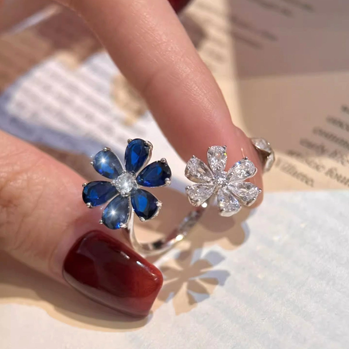 Flowers Open Ring For Women, 1 Piece Zinc Alloy With White K Plated 0.03µm And Rhinestones Inlay