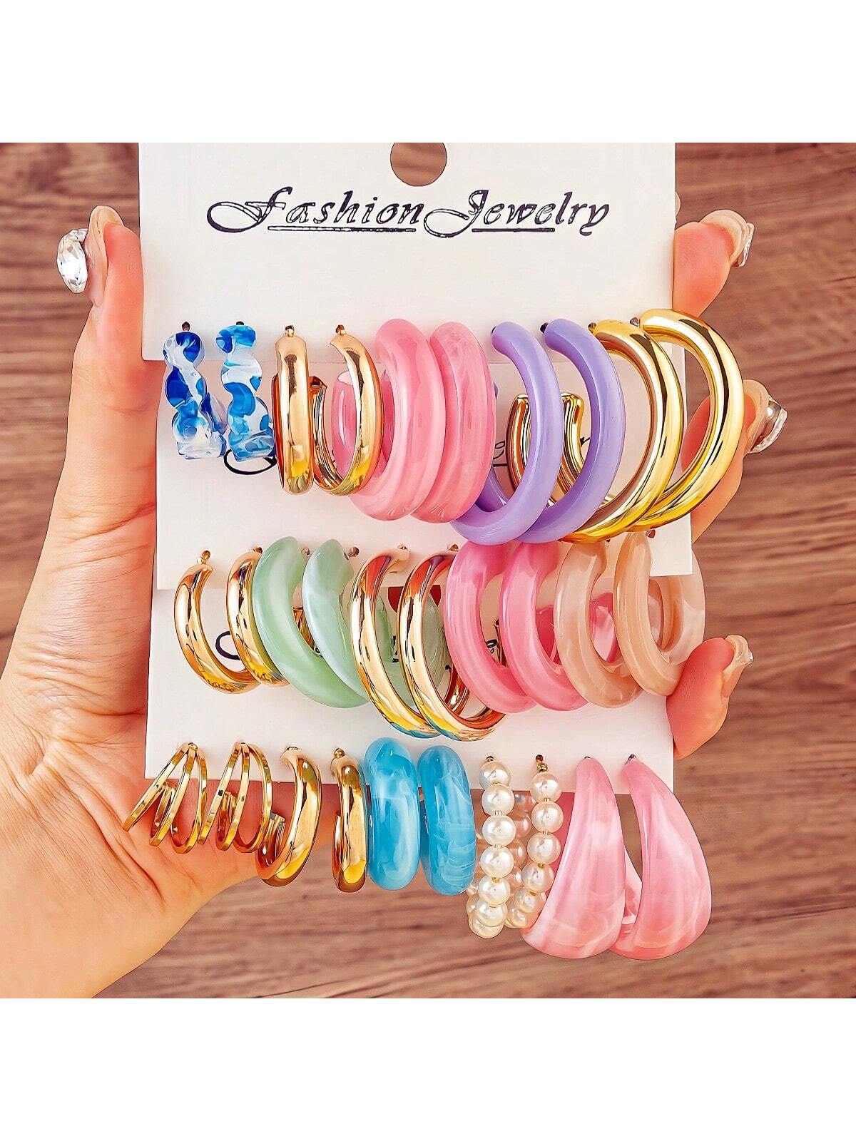 C Shape Earrings For Unisex Featuring Multicolor Resin With Iron Ear Pins In Retro Style