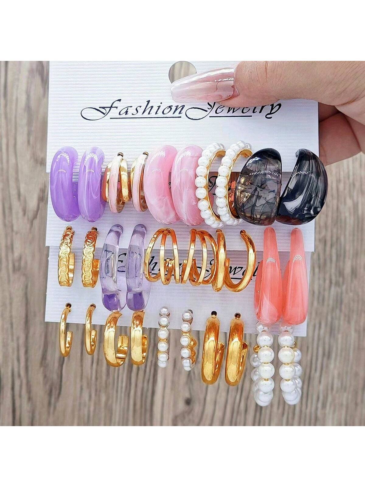 C Shape Earrings For Unisex Featuring Multicolor Resin With Iron Ear Pins In Retro Style
