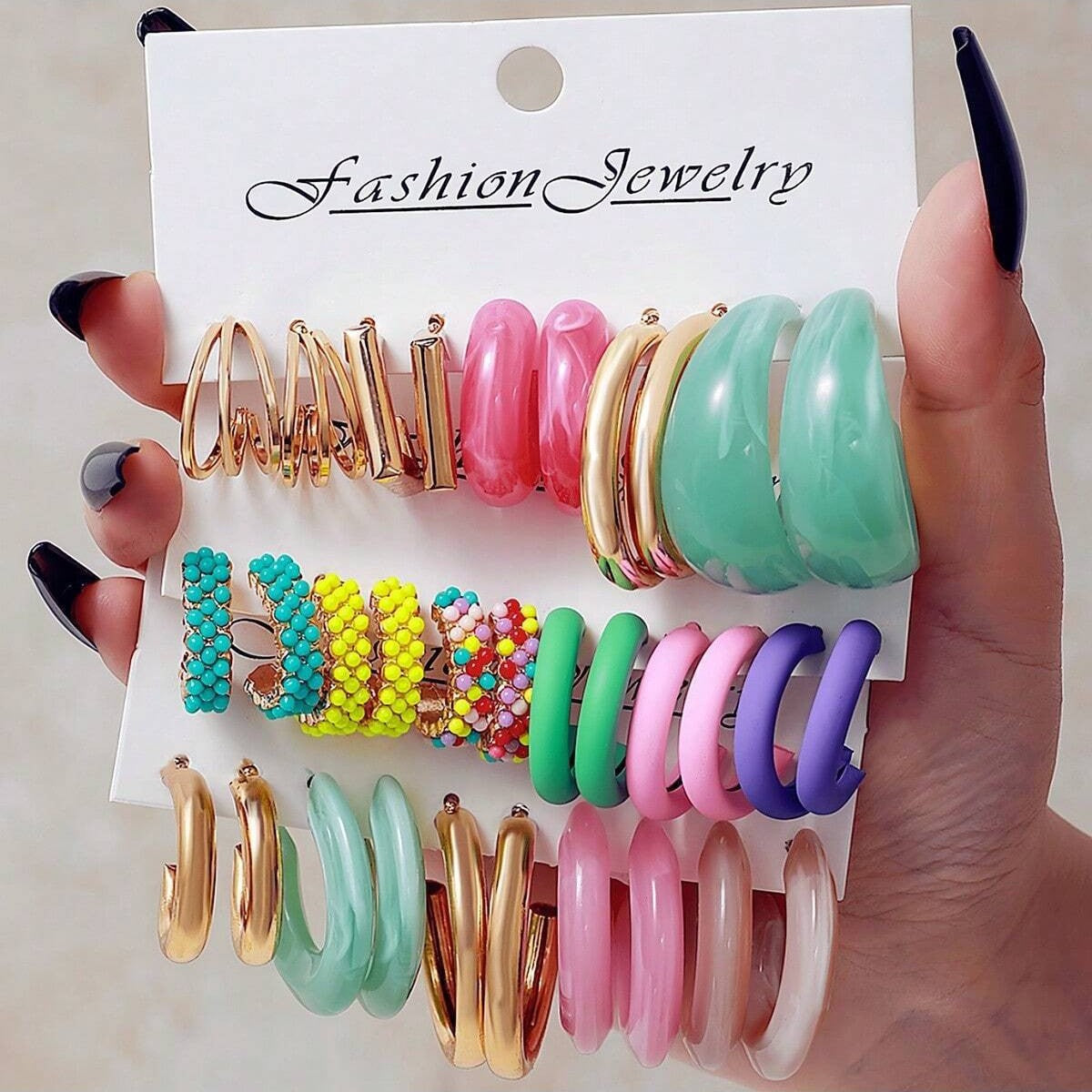 C Shape Earrings For Unisex Featuring Multicolor Resin With Iron Ear Pins In Retro Style