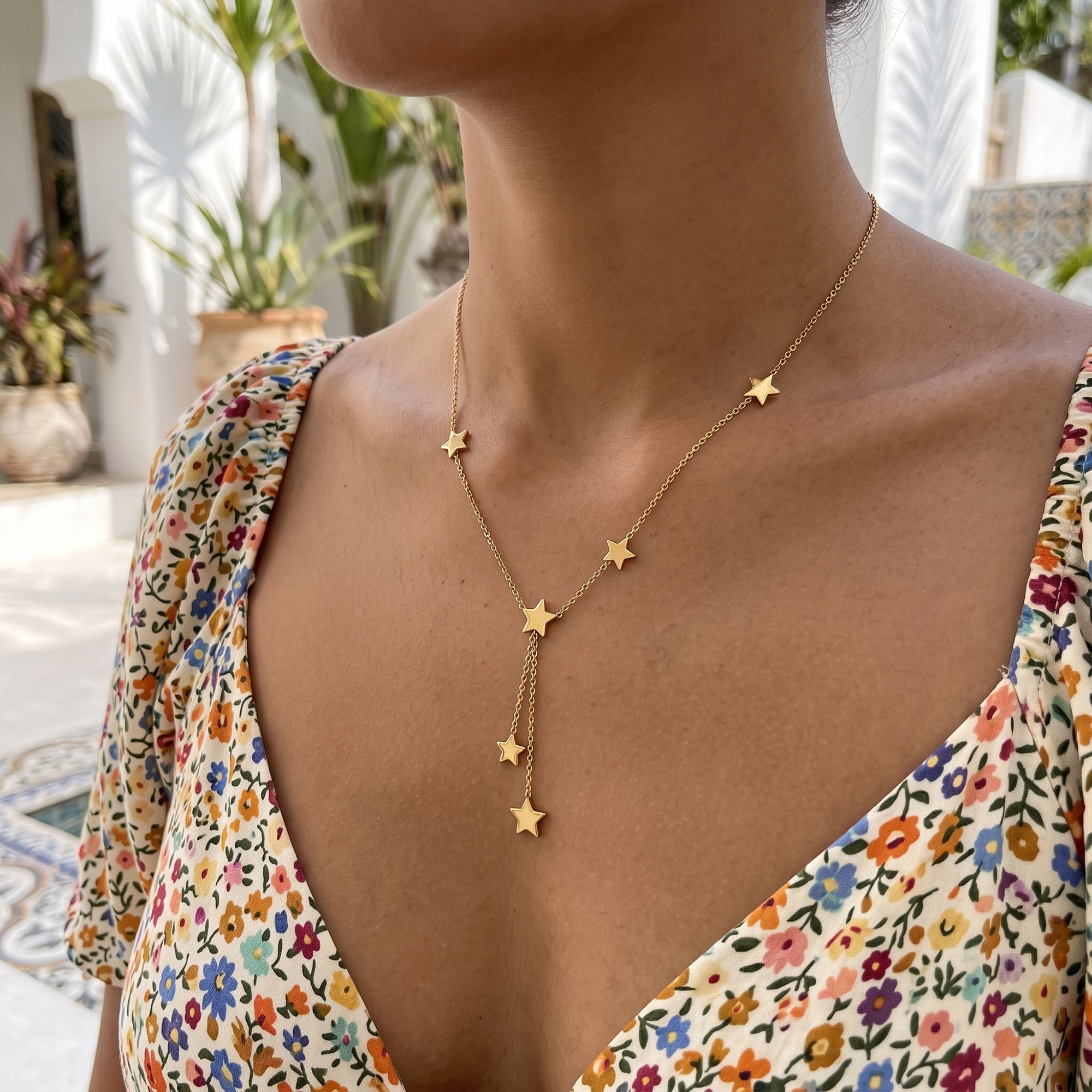 Hypoallergenic Star Necklace For Women In 304 Stainless Steel With 18K Real Gold Plated PVD Coated Figaro Chain