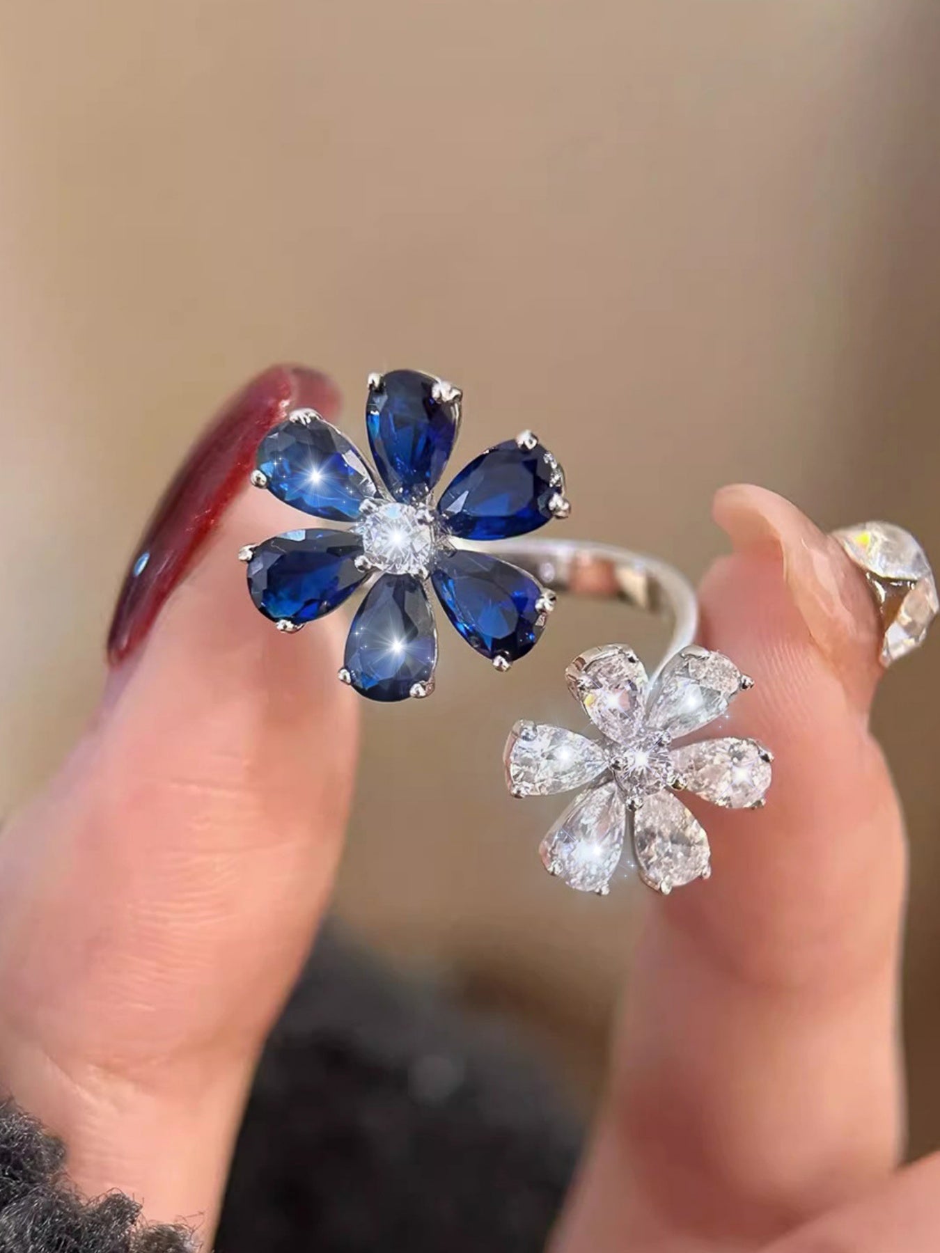 Flowers Open Ring For Women, 1 Piece Zinc Alloy With White K Plated 0.03µm And Rhinestones Inlay