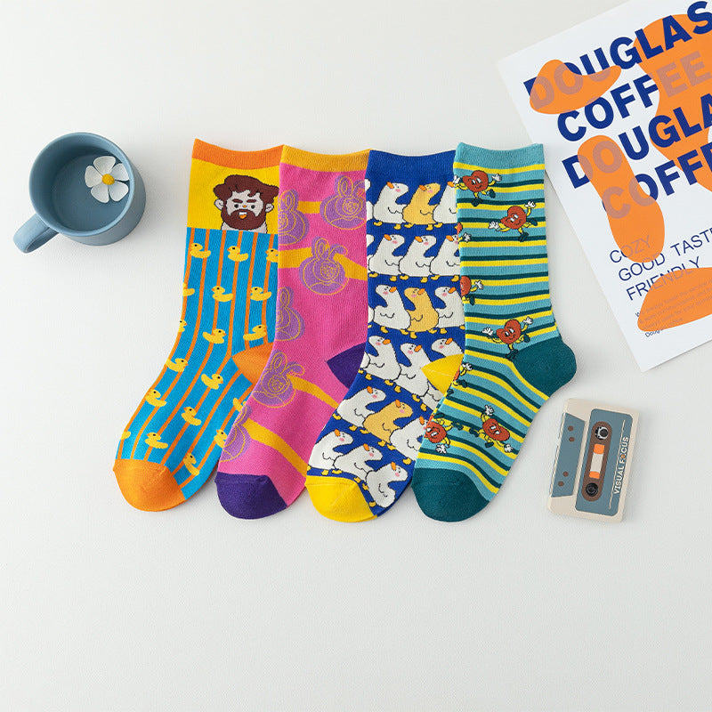 Casual Cartoon Cotton Socks For Women In Blue, Perfect For Spring Sports And Everyday Wear