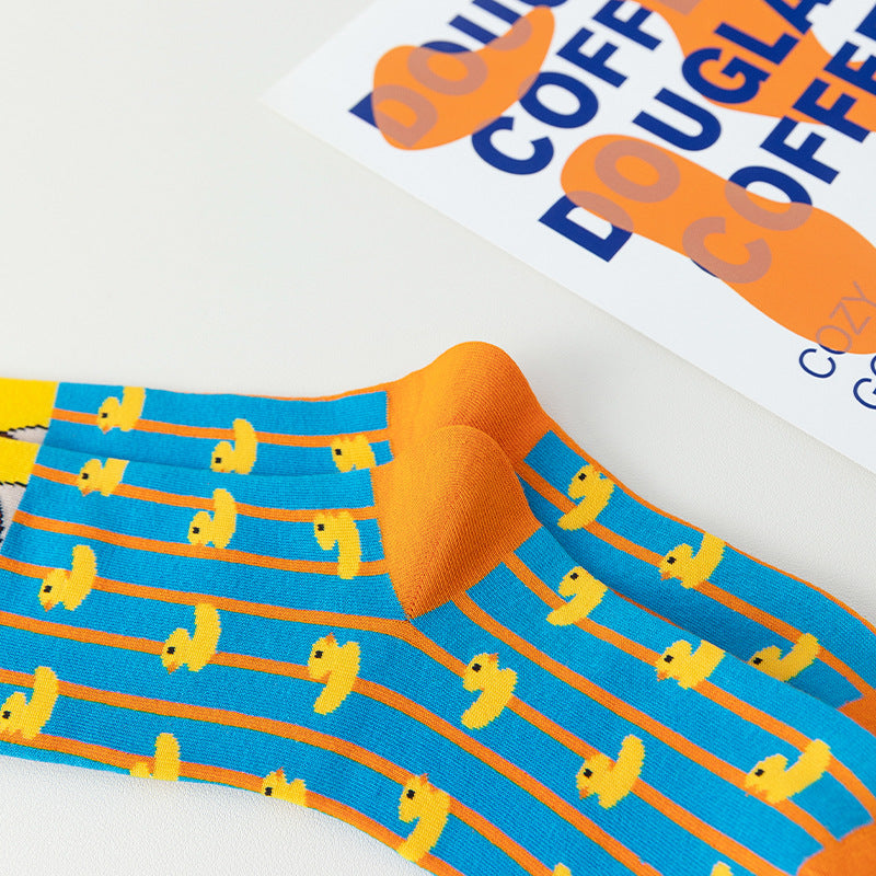 Casual Cartoon Cotton Socks For Women In Blue, Perfect For Spring Sports And Everyday Wear