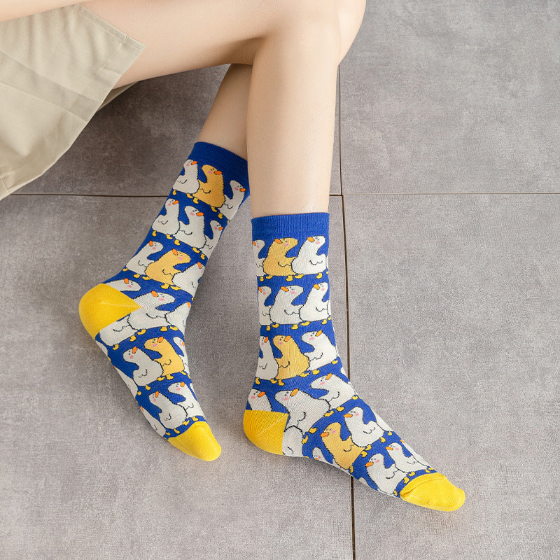 Casual Cartoon Cotton Socks For Women In Blue, Perfect For Spring Sports And Everyday Wear