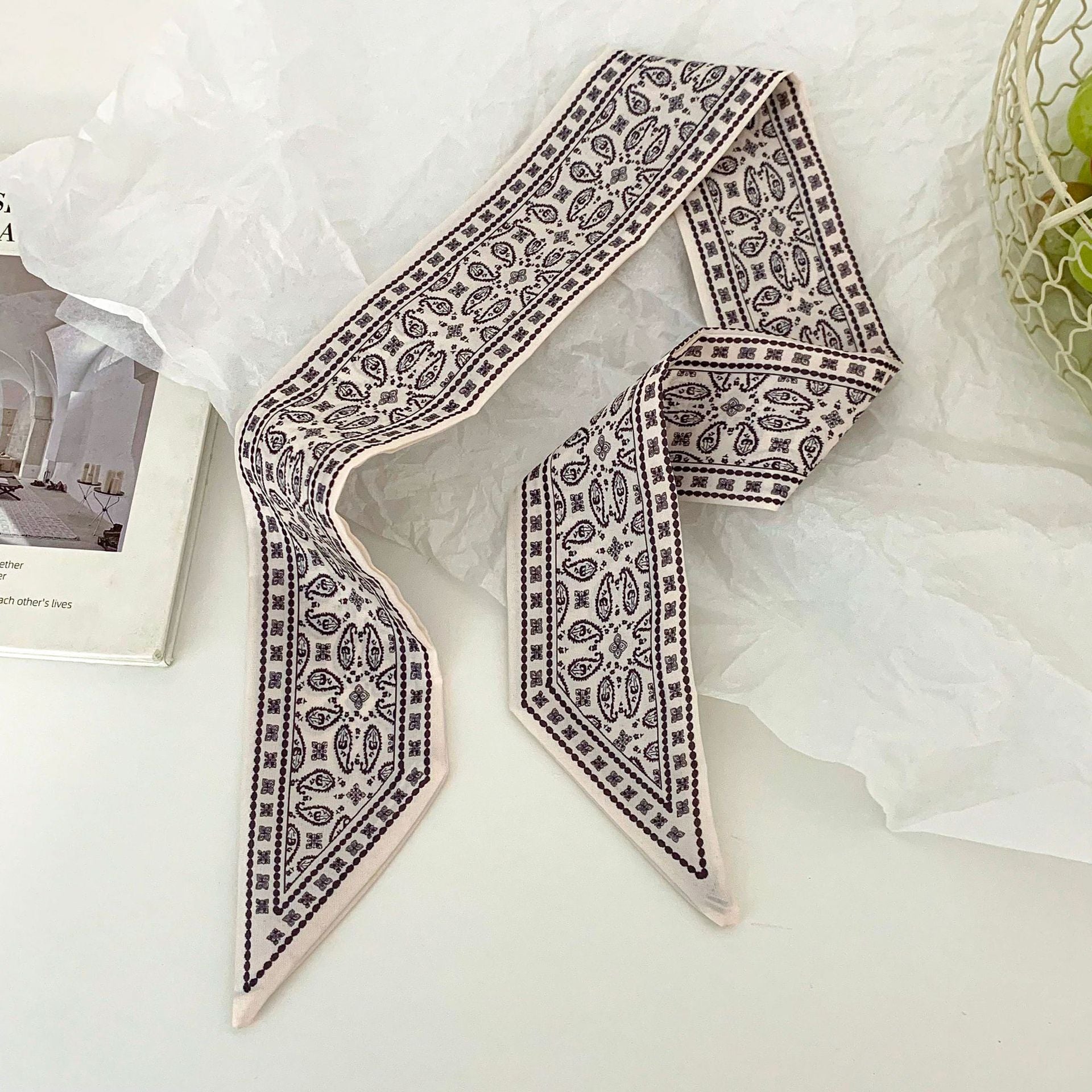 Ethnic Style Polyester Silk Scarf With Cashew Nuts Pattern In White, Perfect For Autumn
